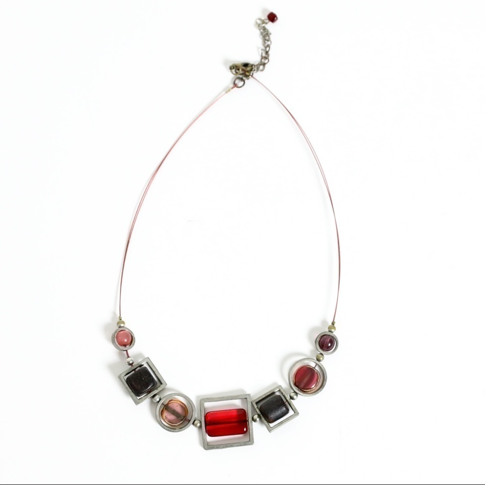 Abstract art necklace red metal wire statement jewelry mixed metal short round